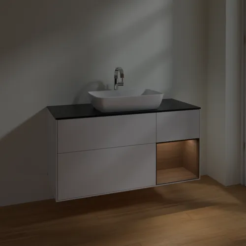 VILLEROY BOCH Toaletní skříňka Finion, s osvětlením, 3 výsuvy, 1200 x 603 x 501 mm, lesklý bílý lak / ořechová dýha / černé matné sklo #F832GNGF, obrázek 5