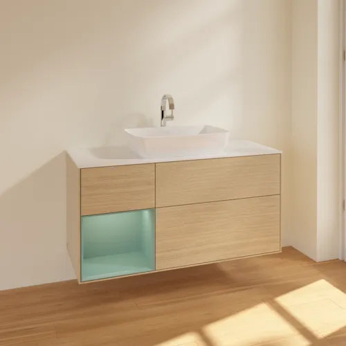 VILLEROY BOCH Toaletní skříňka Finion, s osvětlením, 3 výsuvy, 1200 x 603 x 501 mm, dubová dýha / olivový matný lak / sklo bílé matné #F821GMPC, obrázek 2