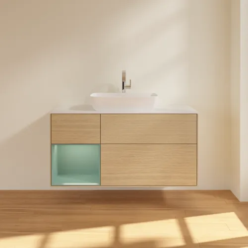 VILLEROY BOCH Toaletní skříňka Finion, s osvětlením, 3 výsuvy, 1200 x 603 x 501 mm, dubová dýha / olivový matný lak / sklo bílé matné #F821GMPC, obrázek 3