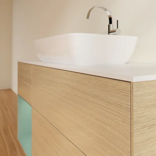 VILLEROY BOCH Toaletní skříňka Finion, s osvětlením, 3 výsuvy, 1200 x 603 x 501 mm, dubová dýha / olivový matný lak / sklo bílé matné #F821GMPC, obrázek 6