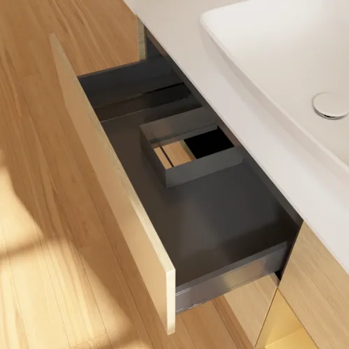 VILLEROY BOCH Toaletní skříňka Finion, s osvětlením, 3 výsuvy, 1200 x 603 x 501 mm, dubová dýha / zlatý matný lak / sklo bílé matné #F831HFPC, obrázek 8