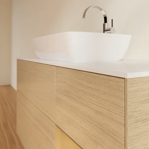VILLEROY BOCH Toaletní skříňka Finion, s osvětlením, 3 výsuvy, 1200 x 603 x 501 mm, dubová dýha / zlatý matný lak / sklo bílé matné #F831HFPC, obrázek 6