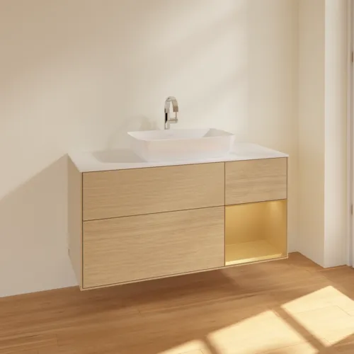 VILLEROY BOCH Toaletní skříňka Finion, s osvětlením, 3 výsuvy, 1200 x 603 x 501 mm, dubová dýha / zlatý matný lak / sklo bílé matné #F831HFPC, obrázek 2
