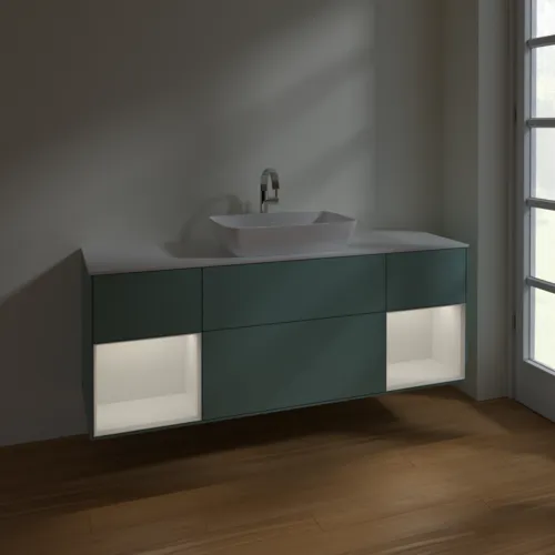 VILLEROY BOCH Toaletní skříňka Finion, s osvětlením, 4 výsuvy, 1600 x 603 x 501 mm, olivový matný lak / lesklý bílý lak / sklo bílé matné #F861GFGM, obrázek 5