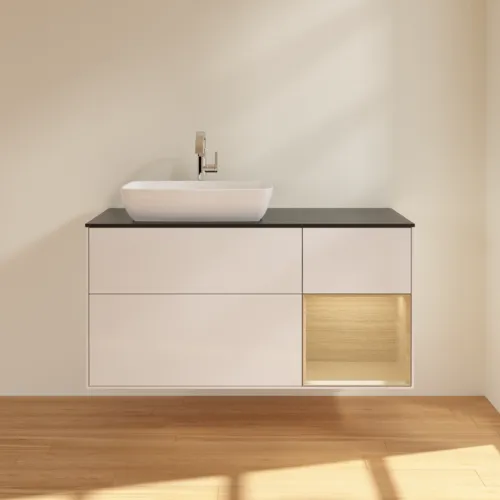 VILLEROY BOCH Toaletní skříňka Finion, s osvětlením, 3 výsuvy, 1200 x 603 x 501 mm, lesklý bílý lak / dubová dýha / černé matné sklo #F812PCGF, obrázek 3