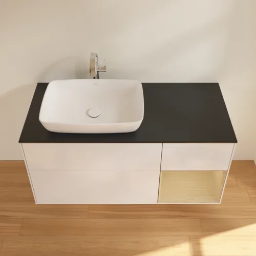 VILLEROY BOCH Toaletní skříňka Finion, s osvětlením, 3 výsuvy, 1200 x 603 x 501 mm, lesklý bílý lak / dubová dýha / černé matné sklo #F812PCGF, obrázek 4