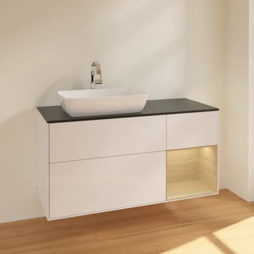 VILLEROY BOCH Toaletní skříňka Finion, s osvětlením, 3 výsuvy, 1200 x 603 x 501 mm, lesklý bílý lak / dubová dýha / černé matné sklo #F812PCGF, obrázek 2