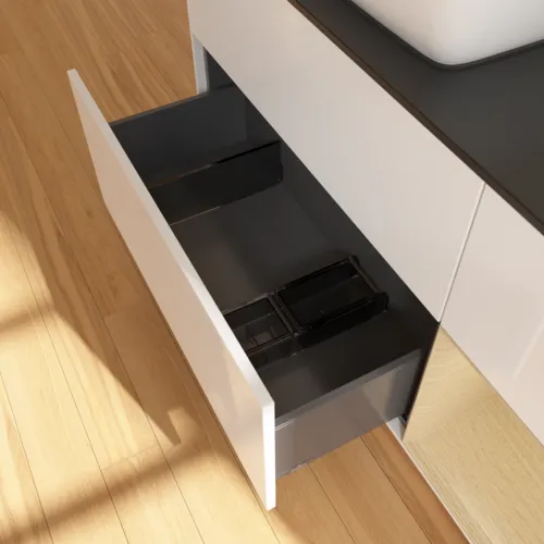 VILLEROY BOCH Toaletní skříňka Finion, s osvětlením, 3 výsuvy, 1200 x 603 x 501 mm, lesklý bílý lak / dubová dýha / černé matné sklo #F812PCGF, obrázek 7