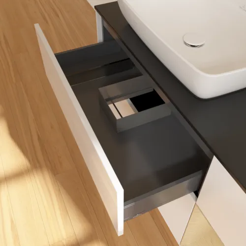 VILLEROY BOCH Toaletní skříňka Finion, s osvětlením, 3 výsuvy, 1200 x 603 x 501 mm, lesklý bílý lak / dubová dýha / černé matné sklo #F812PCGF, obrázek 8