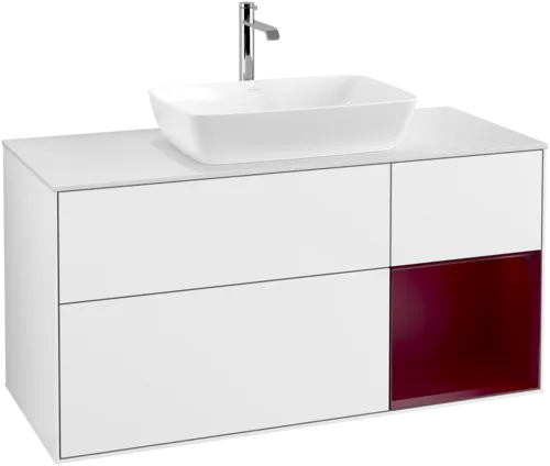 VILLEROY BOCH Toaletní skříňka Finion, s osvětlením, 3 výsuvy, 1200 x 603 x 501 mm, lesklý bílý lak / matný lak Pivoňka / matné bílé sklo #F831HBGF, obrázek 1