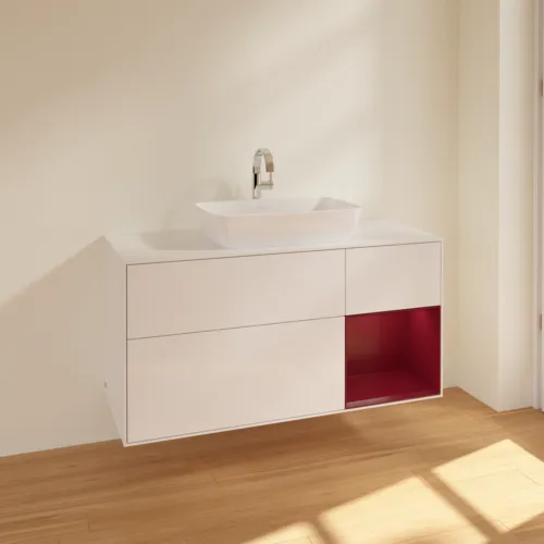 VILLEROY BOCH Toaletní skříňka Finion, s osvětlením, 3 výsuvy, 1200 x 603 x 501 mm, lesklý bílý lak / matný lak Pivoňka / matné bílé sklo #F831HBGF, obrázek 2