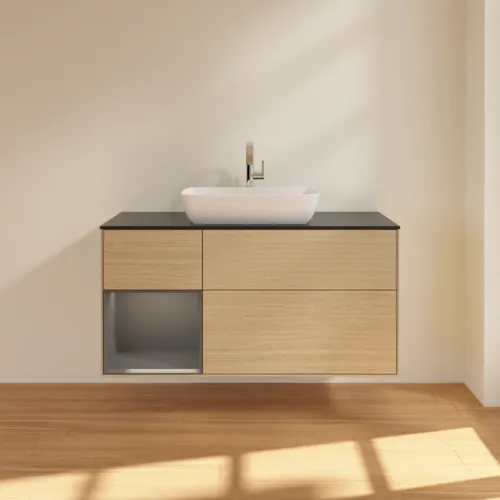 VILLEROY BOCH Toaletní skříňka Finion, s osvětlením, 3 výsuvy, 1200 x 603 x 501 mm, dubová dýha / antracitový matný lak / černé matné sklo #F822GKPC, obrázek 3