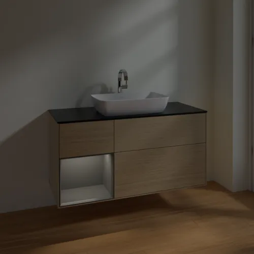 VILLEROY BOCH Toaletní skříňka Finion, s osvětlením, 3 výsuvy, 1200 x 603 x 501 mm, dubová dýha / antracitový matný lak / černé matné sklo #F822GKPC, obrázek 5
