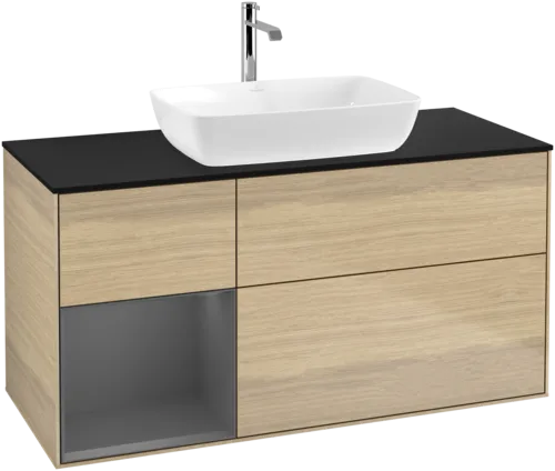 VILLEROY BOCH Toaletní skříňka Finion, s osvětlením, 3 výsuvy, 1200 x 603 x 501 mm, dubová dýha / antracitový matný lak / černé matné sklo #F822GKPC, obrázek 1