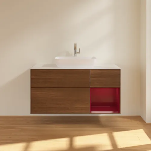 VILLEROY BOCH Toaletní skříňka Finion, s osvětlením, 3 výsuvy, 1200 x 603 x 501 mm, ořechová dýha / matný lak Pivoňka / matné bílé sklo #F831HBGN, obrázek 3
