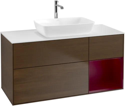 VILLEROY BOCH Toaletní skříňka Finion, s osvětlením, 3 výsuvy, 1200 x 603 x 501 mm, ořechová dýha / matný lak Pivoňka / matné bílé sklo #F831HBGN, obrázek 1