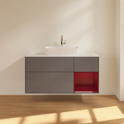 VILLEROY BOCH Toaletní skříňka Finion, s osvětlením, 3 výsuvy, 1200 x 603 x 501 mm, antracitový matný lak / pivoňkový matný lak / bílé matné sklo #F831HBGK, obrázek 3