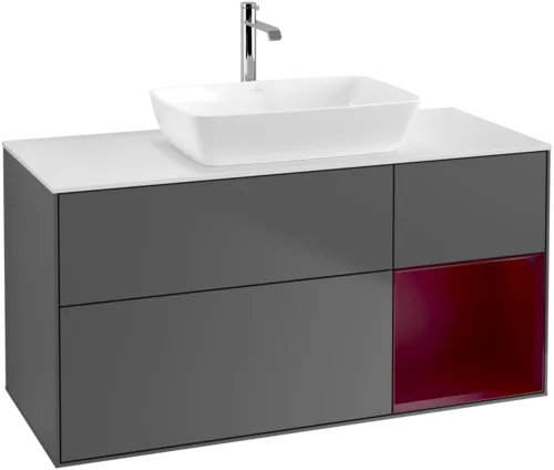 VILLEROY BOCH Toaletní skříňka Finion, s osvětlením, 3 výsuvy, 1200 x 603 x 501 mm, antracitový matný lak / pivoňkový matný lak / bílé matné sklo #F831HBGK, obrázek 1