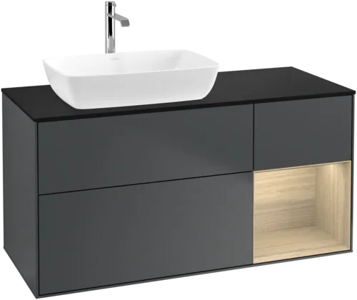 VILLEROY BOCH Toaletní skříňka Finion, s osvětlením, 3 výsuvy, 1200 x 603 x 501 mm, Midnight Blue Matt Lacquer / Oak Veneer / Glass Black Matt #F812PCHG, obrázek 1