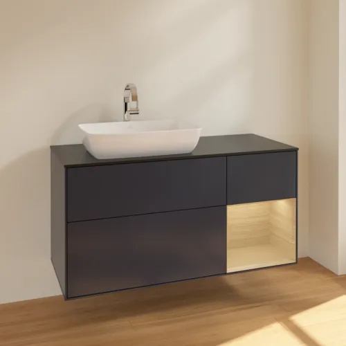 VILLEROY BOCH Toaletní skříňka Finion, s osvětlením, 3 výsuvy, 1200 x 603 x 501 mm, Midnight Blue Matt Lacquer / Oak Veneer / Glass Black Matt #F812PCHG, obrázek 2