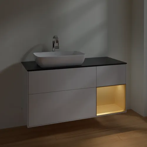 VILLEROY BOCH Toaletní skříňka Finion, s osvětlením, 3 výsuvy, 1200 x 603 x 501 mm, lesklý bílý lak / zlatý matný lak / černé matné sklo #F812HFGF, obrázek 5
