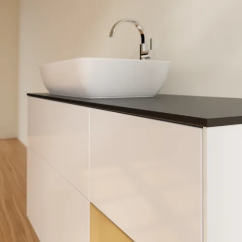 VILLEROY BOCH Toaletní skříňka Finion, s osvětlením, 3 výsuvy, 1200 x 603 x 501 mm, lesklý bílý lak / zlatý matný lak / černé matné sklo #F812HFGF, obrázek 6