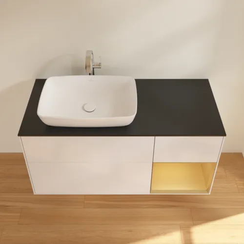 VILLEROY BOCH Toaletní skříňka Finion, s osvětlením, 3 výsuvy, 1200 x 603 x 501 mm, lesklý bílý lak / zlatý matný lak / černé matné sklo #F812HFGF, obrázek 4
