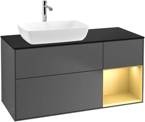 VILLEROY BOCH Toaletní skříňka Finion, s osvětlením, 3 výsuvy, 1200 x 603 x 501 mm, antracit matný lak / zlatý matný lak / černé matné sklo #F812HFGK, obrázek 1