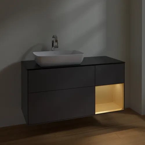 VILLEROY BOCH Toaletní skříňka Finion, s osvětlením, 3 výsuvy, 1200 x 603 x 501 mm, antracit matný lak / zlatý matný lak / černé matné sklo #F812HFGK, obrázek 5