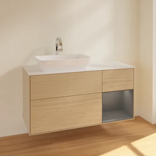 VILLEROY BOCH Toaletní skříňka Finion, s osvětlením, 3 výsuvy, 1200 x 603 x 501 mm, dubová dýha / antracitový matný lak / bílé matné sklo #F811GKPC, obrázek 2