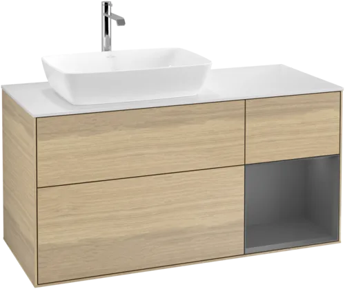 VILLEROY BOCH Toaletní skříňka Finion, s osvětlením, 3 výsuvy, 1200 x 603 x 501 mm, dubová dýha / antracitový matný lak / bílé matné sklo #F811GKPC, obrázek 1