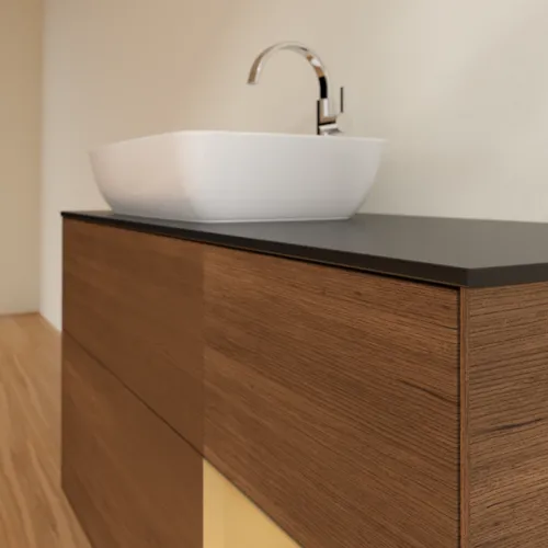 VILLEROY BOCH Toaletní skříňka Finion, s osvětlením, 3 výsuvy, 1200 x 603 x 501 mm, ořechová dýha / zlatý matný lak / černé matné sklo #F812HFGN, obrázek 6