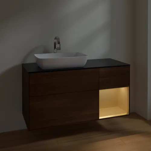VILLEROY BOCH Toaletní skříňka Finion, s osvětlením, 3 výsuvy, 1200 x 603 x 501 mm, ořechová dýha / zlatý matný lak / černé matné sklo #F812HFGN, obrázek 5