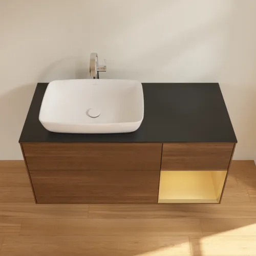 VILLEROY BOCH Toaletní skříňka Finion, s osvětlením, 3 výsuvy, 1200 x 603 x 501 mm, ořechová dýha / zlatý matný lak / černé matné sklo #F812HFGN, obrázek 4