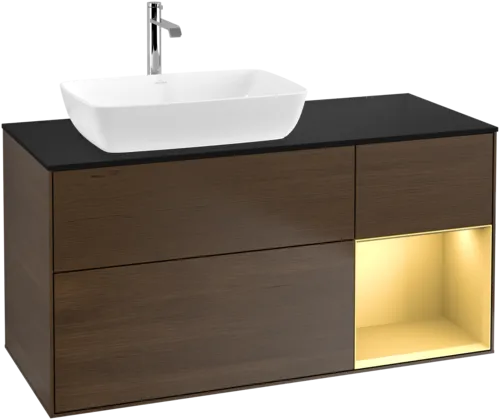 VILLEROY BOCH Toaletní skříňka Finion, s osvětlením, 3 výsuvy, 1200 x 603 x 501 mm, ořechová dýha / zlatý matný lak / černé matné sklo #F812HFGN, obrázek 1