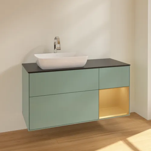 VILLEROY BOCH Toaletní skříňka Finion, s osvětlením, 3 výsuvy, 1200 x 603 x 501 mm, olivový matný lak / zlatý matný lak / černé matné sklo #F812HFGM, obrázek 2