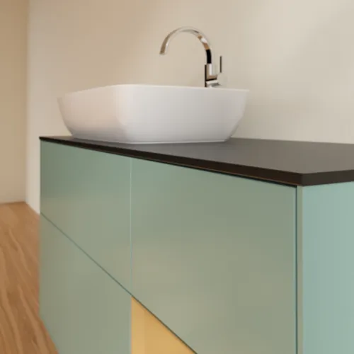 VILLEROY BOCH Toaletní skříňka Finion, s osvětlením, 3 výsuvy, 1200 x 603 x 501 mm, olivový matný lak / zlatý matný lak / černé matné sklo #F812HFGM, obrázek 6
