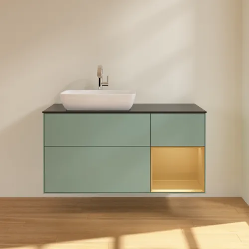 VILLEROY BOCH Toaletní skříňka Finion, s osvětlením, 3 výsuvy, 1200 x 603 x 501 mm, olivový matný lak / zlatý matný lak / černé matné sklo #F812HFGM, obrázek 3
