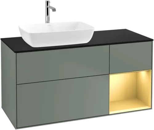 VILLEROY BOCH Toaletní skříňka Finion, s osvětlením, 3 výsuvy, 1200 x 603 x 501 mm, olivový matný lak / zlatý matný lak / černé matné sklo #F812HFGM, obrázek 1