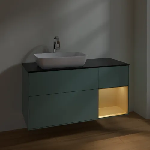 VILLEROY BOCH Toaletní skříňka Finion, s osvětlením, 3 výsuvy, 1200 x 603 x 501 mm, olivový matný lak / zlatý matný lak / černé matné sklo #F812HFGM, obrázek 5