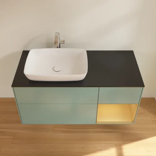 VILLEROY BOCH Toaletní skříňka Finion, s osvětlením, 3 výsuvy, 1200 x 603 x 501 mm, olivový matný lak / zlatý matný lak / černé matné sklo #F812HFGM, obrázek 4