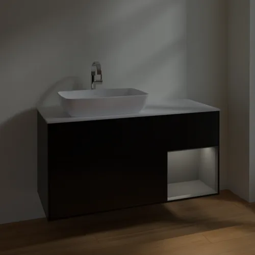 VILLEROY BOCH Toaletní skříňka Finion, s osvětlením, 3 výsuvy, 1200 x 603 x 501 mm, černý matný lak / antracitový matný lak / bílé matné sklo #F811GKPD, obrázek 5