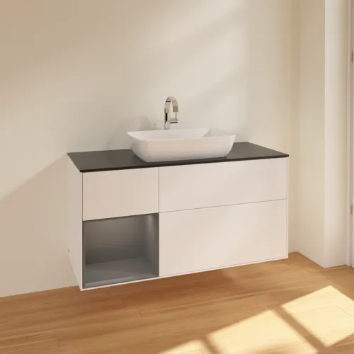 VILLEROY BOCH Toaletní skříňka Finion, s osvětlením, 3 výsuvy, 1200 x 603 x 501 mm, bílý matný lak / antracitový matný lak / černé matné sklo #F822GKMT, obrázek 2