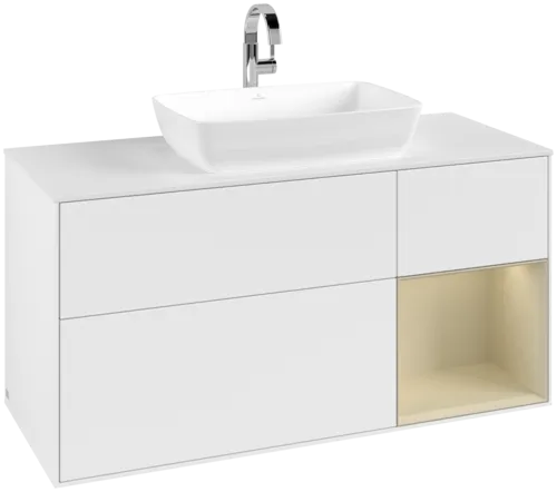 VILLEROY BOCH Toaletní skříňka Finion, s osvětlením, 3 výsuvy, 1200 x 603 x 501 mm, bílý matný lak / hedvábně šedý matný lak / bílé matné sklo #F831HJMT