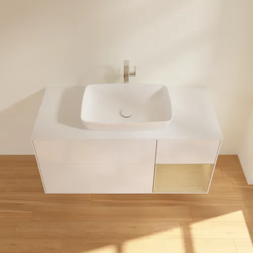 VILLEROY BOCH Toaletní skříňka Finion, s osvětlením, 3 výsuvy, 1200 x 603 x 501 mm, lesklý bílý lak / dubová dýha / sklo bílé matné #F831PCGF, obrázek 4