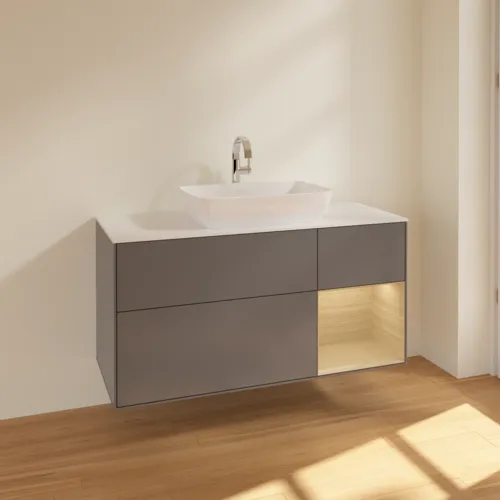 VILLEROY BOCH Toaletní skříňka Finion, s osvětlením, 3 výsuvy, 1200 x 603 x 501 mm, antracit matný lak / dubová dýha / sklo bílé matné #F831PCGK, obrázek 2