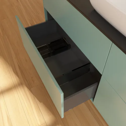 VILLEROY BOCH Toaletní skříňka Finion, 4 výsuvy, 1600 x 603 x 501 mm, olivový matný lak / sklo černé matné #F85200GM, obrázek 6