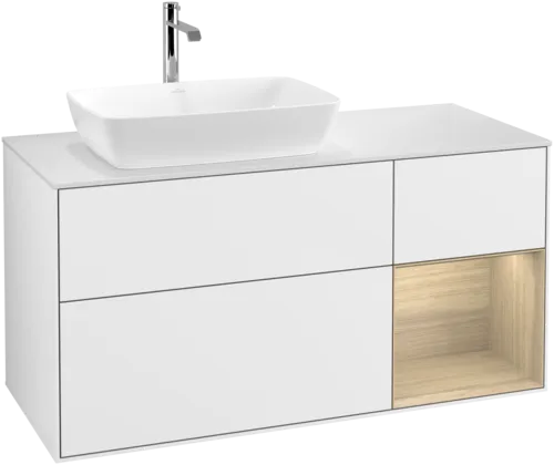 VILLEROY BOCH Toaletní skříňka Finion, s osvětlením, 3 výsuvy, 1200 x 603 x 501 mm, lesklý bílý lak / dubová dýha / sklo bílé matné #F811PCGF