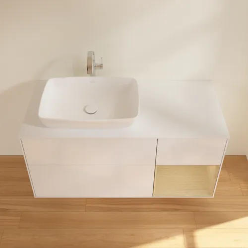 VILLEROY BOCH Toaletní skříňka Finion, s osvětlením, 3 výsuvy, 1200 x 603 x 501 mm, lesklý bílý lak / dubová dýha / sklo bílé matné #F811PCGF, obrázek 4