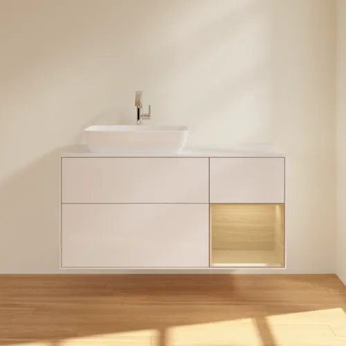 VILLEROY BOCH Toaletní skříňka Finion, s osvětlením, 3 výsuvy, 1200 x 603 x 501 mm, lesklý bílý lak / dubová dýha / sklo bílé matné #F811PCGF, obrázek 3
